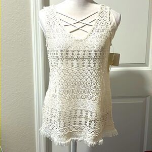 Skye’s the Limit Crocheted Lace Lined Bodice Sleeveless Top Line Bodice Fringed